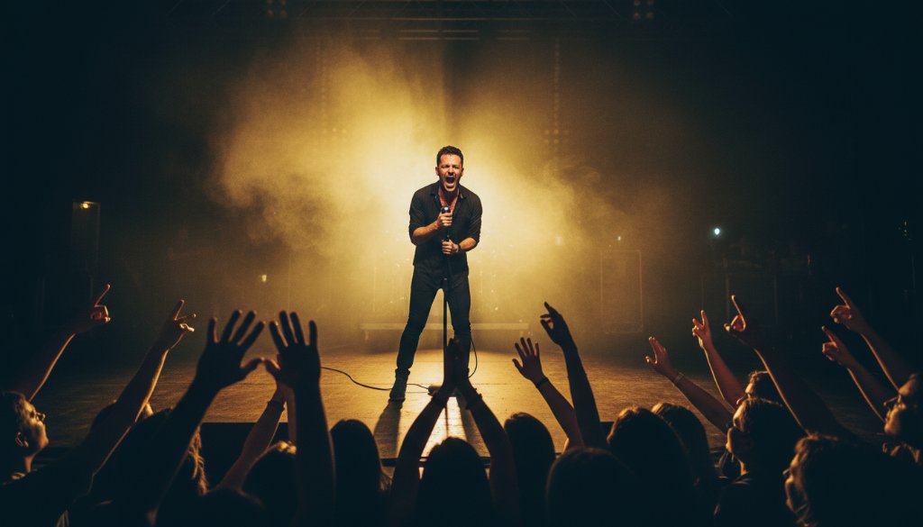 Dynamic photograph capturing a band's lead singer mid-performance with a spotlight beam, highlighting the Nunawading live music photography epic moments at a local venue.