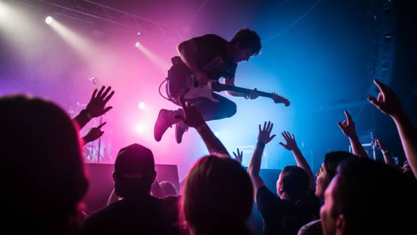 Dynamic Nunawading local gig photography Victoria capturing a guitarist's intense solo on stage, with dramatic stage lights illuminating the performer and an enthusiastic crowd blurred in the background, conveying an epic moment of live music energy.