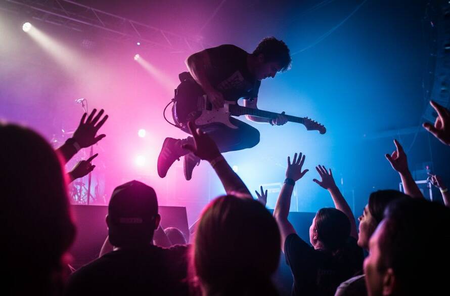 Dynamic Nunawading local gig photography Victoria capturing a guitarist's intense solo on stage, with dramatic stage lights illuminating the performer and an enthusiastic crowd blurred in the background, conveying an epic moment of live music energy.