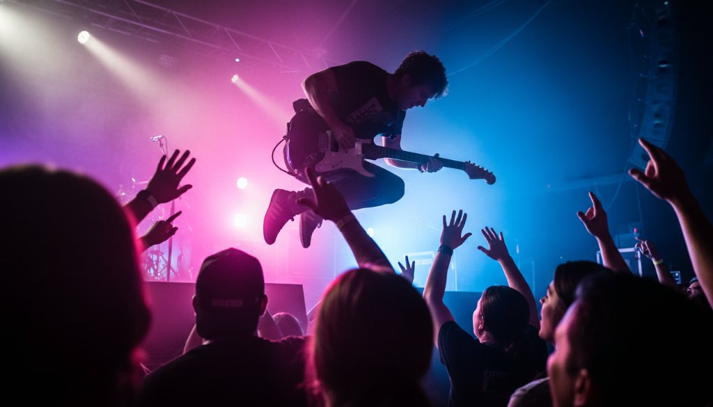 Dynamic Nunawading local gig photography Victoria capturing a guitarist's intense solo on stage, with dramatic stage lights illuminating the performer and an enthusiastic crowd blurred in the background, conveying an epic moment of live music energy.