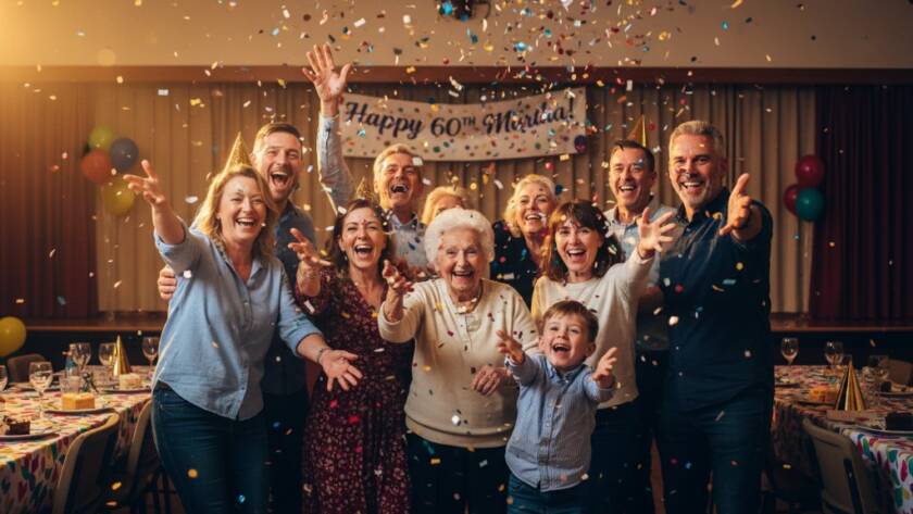 An emotionally vibrant and candid photograph of a multi-generational family celebrating a birthday party at a community hall in Nunawading, Victoria. The Nunawading party photography capturing genuine joy shows a grandmother laughing heartily, surrounded by confetti and balloons, with warm, dramatic backlighting highlighting the festive atmosphere.
