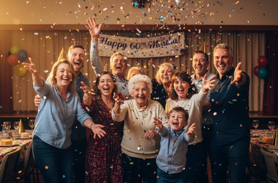 An emotionally vibrant and candid photograph of a multi-generational family celebrating a birthday party at a community hall in Nunawading, Victoria. The Nunawading party photography capturing genuine joy shows a grandmother laughing heartily, surrounded by confetti and balloons, with warm, dramatic backlighting highlighting the festive atmosphere.