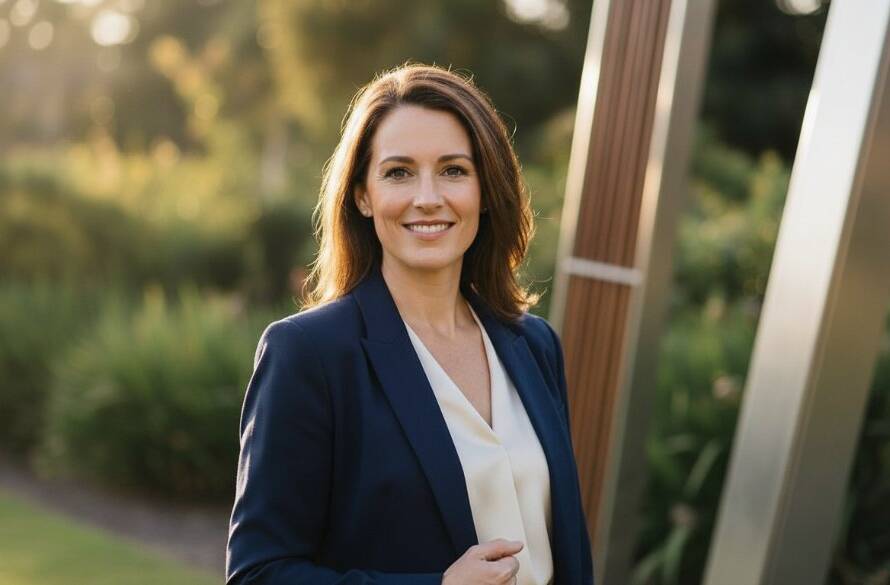 A striking, cinematic photograph showcasing a confident professional woman with a genuine smile, taken outdoors with blurred greenery of a Nunawading park in the background, embodying Nunawading professional headshots for career growth. Dramatic natural light illuminates her face, highlighting professionalism and approachability.