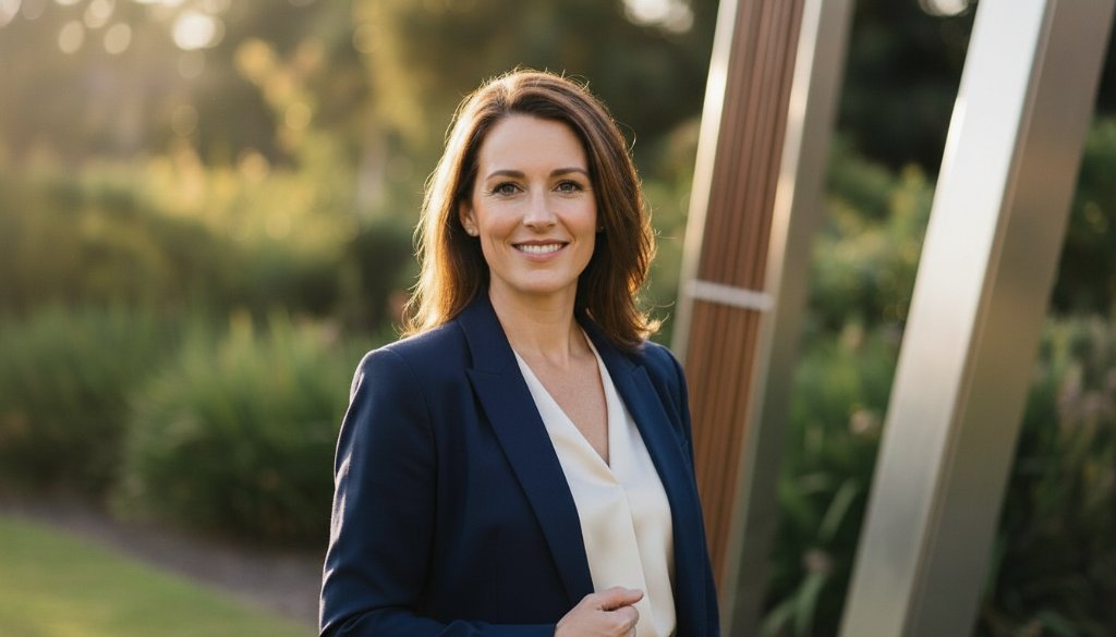 A striking, cinematic photograph showcasing a confident professional woman with a genuine smile, taken outdoors with blurred greenery of a Nunawading park in the background, embodying Nunawading professional headshots for career growth. Dramatic natural light illuminates her face, highlighting professionalism and approachability.