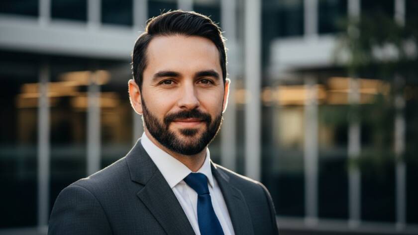 A dynamic, close-up professional portrait of a confident male executive in Nunawading, captured with dramatic studio lighting against a blurred urban background, showcasing Nunawading professional headshots for career success and a powerful presence.