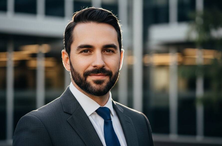 A dynamic, close-up professional portrait of a confident male executive in Nunawading, captured with dramatic studio lighting against a blurred urban background, showcasing Nunawading professional headshots for career success and a powerful presence.