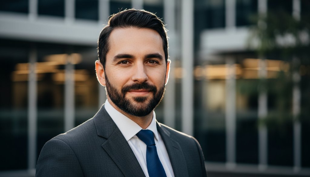 A dynamic, close-up professional portrait of a confident male executive in Nunawading, captured with dramatic studio lighting against a blurred urban background, showcasing Nunawading professional headshots for career success and a powerful presence.