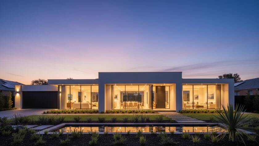 Dramatic twilight shot of a beautifully lit, modern family home in Nunawading, Victoria, featuring expansive windows and a meticulously landscaped garden, exemplifying professional Nunawading real estate photography showcasing modern family homes.