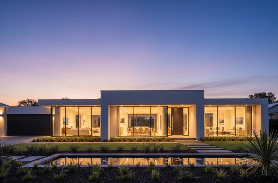 Dramatic twilight shot of a beautifully lit, modern family home in Nunawading, Victoria, featuring expansive windows and a meticulously landscaped garden, exemplifying professional Nunawading real estate photography showcasing modern family homes.