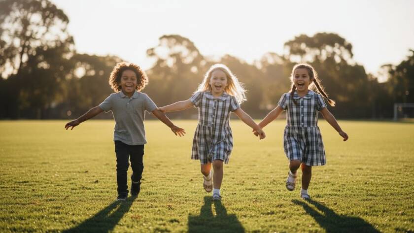 An epic moment captured during Nunawading school photography: authentic joyful student portraits of three primary school children laughing candidly in a sun-drenched playground, with the iconic Blackburn Lake Reserve trees subtly in the background, professional colour grading.