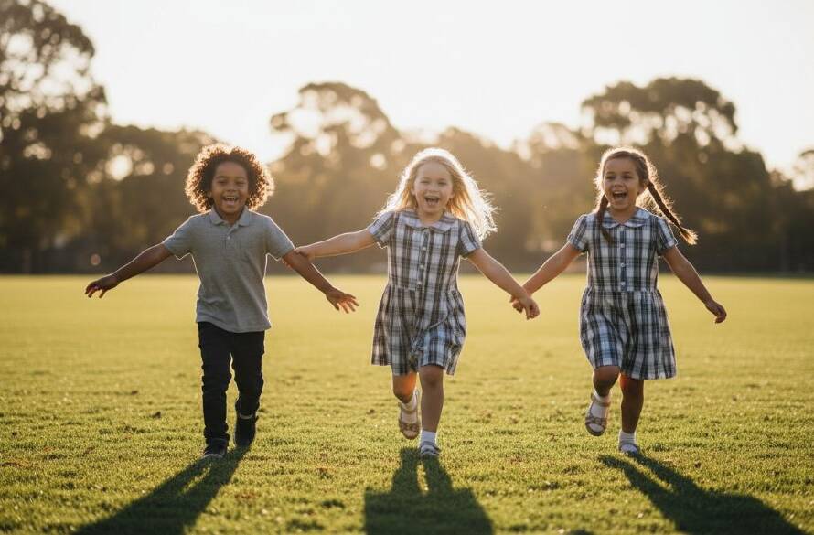 An epic moment captured during Nunawading school photography: authentic joyful student portraits of three primary school children laughing candidly in a sun-drenched playground, with the iconic Blackburn Lake Reserve trees subtly in the background, professional colour grading.