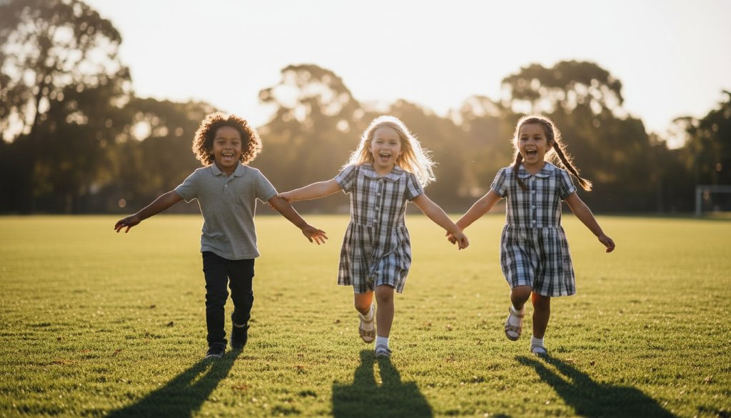 An epic moment captured during Nunawading school photography: authentic joyful student portraits of three primary school children laughing candidly in a sun-drenched playground, with the iconic Blackburn Lake Reserve trees subtly in the background, professional colour grading.