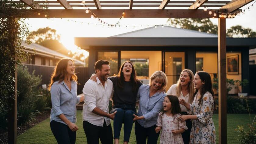 Nunawading vibrant party photography capturing genuine moments at a backyard celebration, showing friends laughing and dancing under string lights, professionally captured with warm, inviting colours.