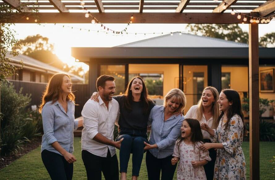Nunawading vibrant party photography capturing genuine moments at a backyard celebration, showing friends laughing and dancing under string lights, professionally captured with warm, inviting colours.