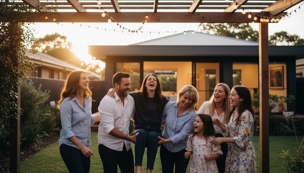 Nunawading vibrant party photography capturing genuine moments at a backyard celebration, showing friends laughing and dancing under string lights, professionally captured with warm, inviting colours.