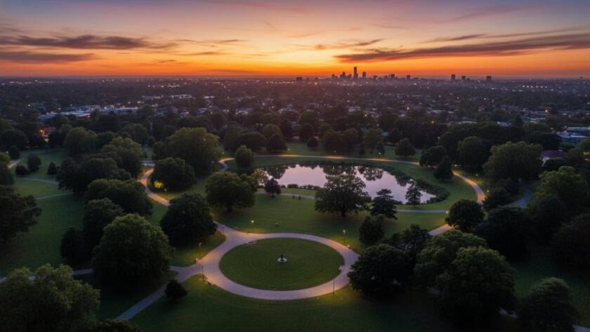 Dramatic aerial photograph captured by drone showcasing the vibrant Box Hill Gardens in Nunawading, Victoria, under a golden hour sunset, highlighting the lush greenery and modern architecture with unique perspectives.