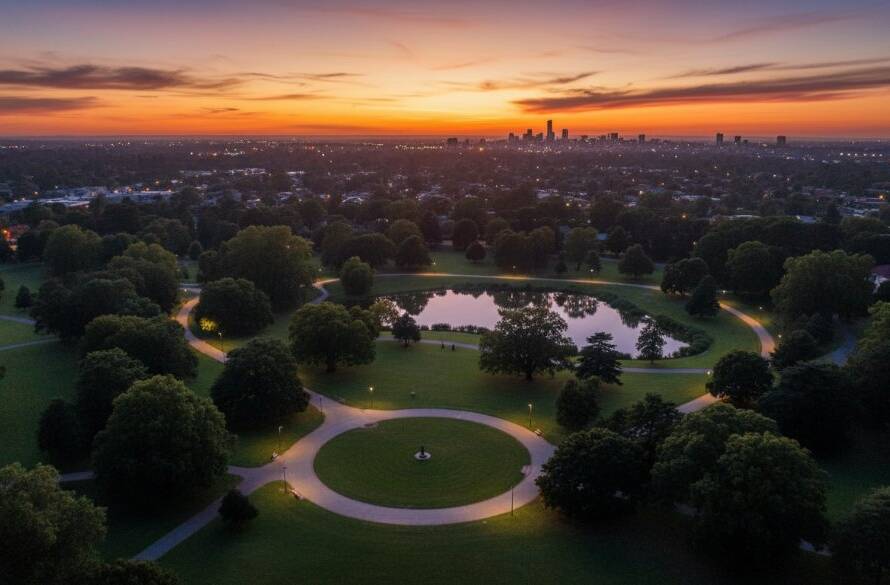 Dramatic aerial photograph captured by drone showcasing the vibrant Box Hill Gardens in Nunawading, Victoria, under a golden hour sunset, highlighting the lush greenery and modern architecture with unique perspectives.