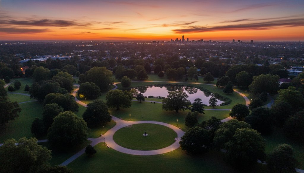 Dramatic aerial photograph captured by drone showcasing the vibrant Box Hill Gardens in Nunawading, Victoria, under a golden hour sunset, highlighting the lush greenery and modern architecture with unique perspectives.