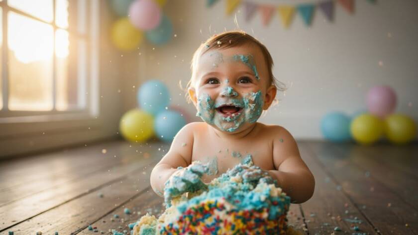 An adorable one-year-old child covered in vibrant cake icing, laughing with pure abandon amidst a softly lit, whimsical studio setting, professionally captured by a Nunawading Victoria First Birthday Cake Smash Photographer, celebrating an unforgettable, messy first birthday milestone.