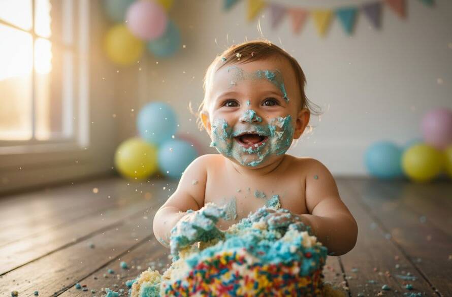 An adorable one-year-old child covered in vibrant cake icing, laughing with pure abandon amidst a softly lit, whimsical studio setting, professionally captured by a Nunawading Victoria First Birthday Cake Smash Photographer, celebrating an unforgettable, messy first birthday milestone.