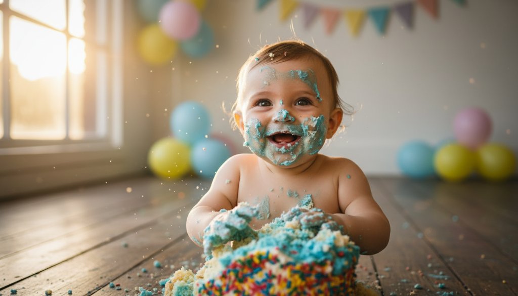 An adorable one-year-old child covered in vibrant cake icing, laughing with pure abandon amidst a softly lit, whimsical studio setting, professionally captured by a Nunawading Victoria First Birthday Cake Smash Photographer, celebrating an unforgettable, messy first birthday milestone.