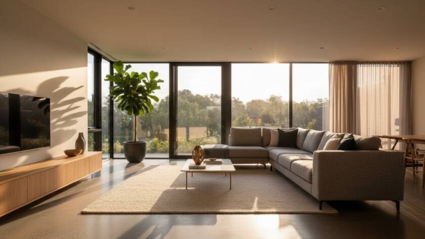 Dramatic wide-angle interior shot of a sun-drenched modern living room in a Nunawading Victoria property, highlighting premium property photography for sales, with light streaming through large windows, professionally staged furniture, and a vibrant, inviting atmosphere.