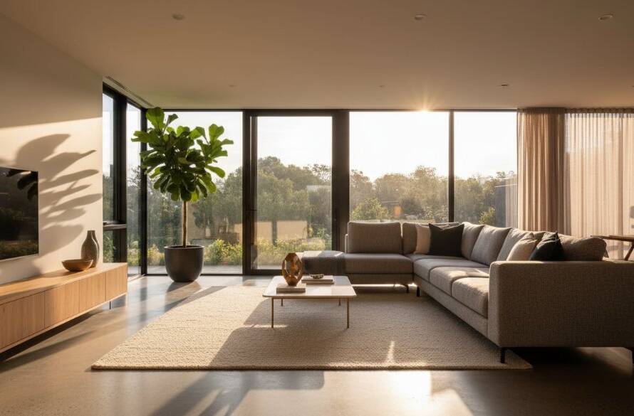 Dramatic wide-angle interior shot of a sun-drenched modern living room in a Nunawading Victoria property, highlighting premium property photography for sales, with light streaming through large windows, professionally staged furniture, and a vibrant, inviting atmosphere.