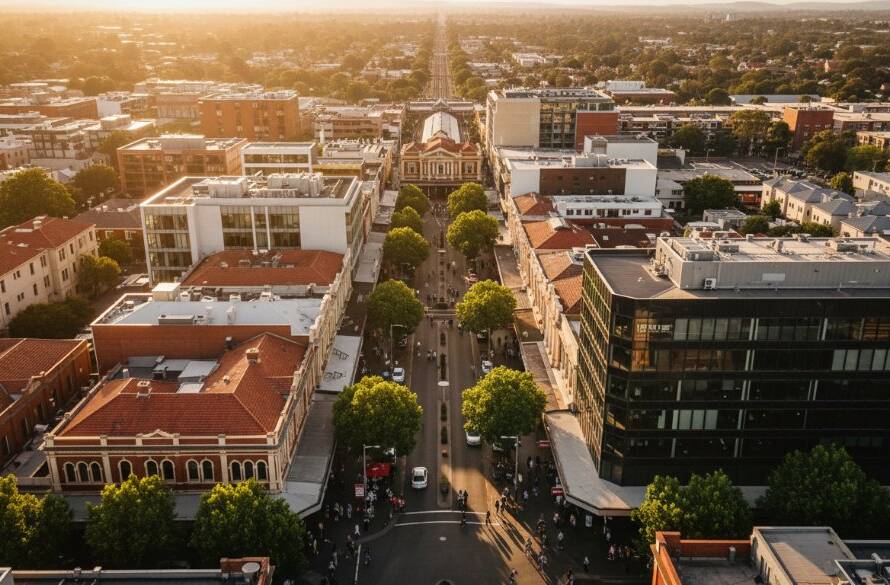 A breathtaking Oakleigh Drone Photography Victoria Elevated Perspectives shot at sunset, capturing the vibrant Eaton Mall and surrounding suburb, with golden light reflecting off buildings and a dynamic street scene below, highlighting the unique character of Oakleigh from a professional aerial viewpoint.