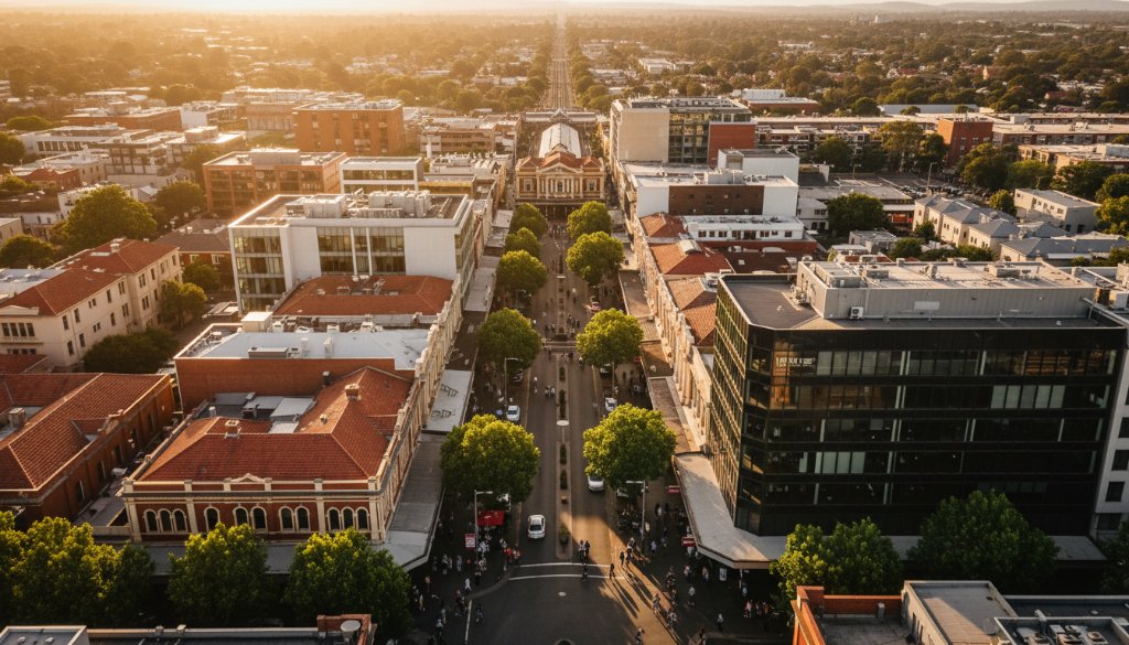 A breathtaking Oakleigh Drone Photography Victoria Elevated Perspectives shot at sunset, capturing the vibrant Eaton Mall and surrounding suburb, with golden light reflecting off buildings and a dynamic street scene below, highlighting the unique character of Oakleigh from a professional aerial viewpoint.