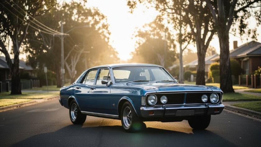 Dramatic wide-angle shot of a classic muscle car, gleaming under a golden hour sky in a historic industrial lane in Oakleigh East, Victoria. The scene captures the essence of Oakleigh East car photography for stunning automotive portraits, with light hitting the polished chrome and paintwork, creating a powerful, epic moment.