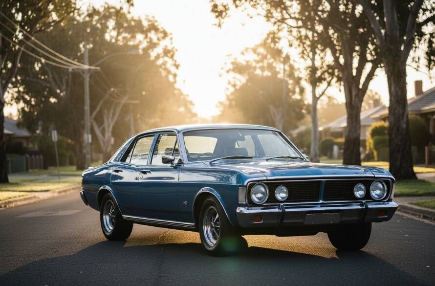 Dramatic wide-angle shot of a classic muscle car, gleaming under a golden hour sky in a historic industrial lane in Oakleigh East, Victoria. The scene captures the essence of Oakleigh East car photography for stunning automotive portraits, with light hitting the polished chrome and paintwork, creating a powerful, epic moment.
