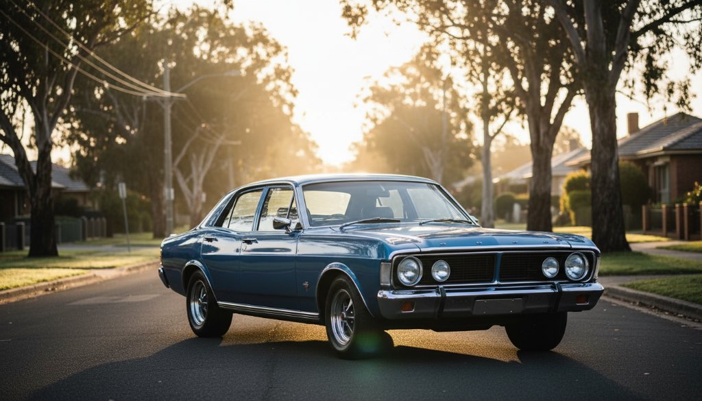 Dramatic wide-angle shot of a classic muscle car, gleaming under a golden hour sky in a historic industrial lane in Oakleigh East, Victoria. The scene captures the essence of Oakleigh East car photography for stunning automotive portraits, with light hitting the polished chrome and paintwork, creating a powerful, epic moment.