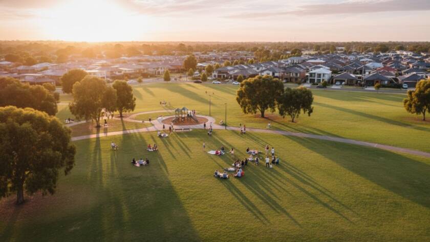An epic aerial photograph showcasing a serene community park in Oakleigh East with professional drone photography captivating aerial views, captured during golden hour, highlighting families enjoying leisure activities.