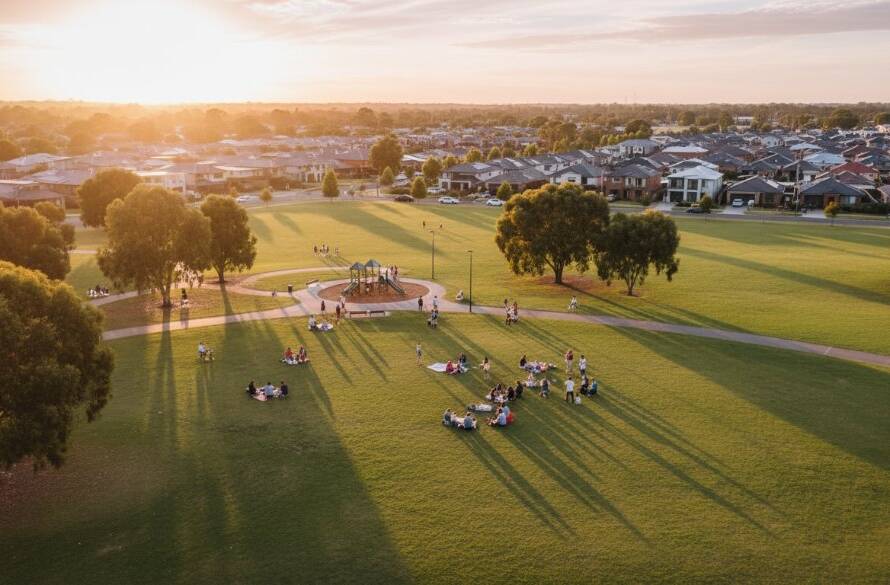An epic aerial photograph showcasing a serene community park in Oakleigh East with professional drone photography captivating aerial views, captured during golden hour, highlighting families enjoying leisure activities.