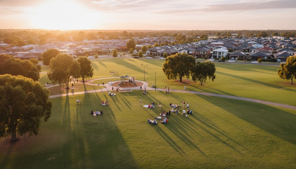 An epic aerial photograph showcasing a serene community park in Oakleigh East with professional drone photography captivating aerial views, captured during golden hour, highlighting families enjoying leisure activities.