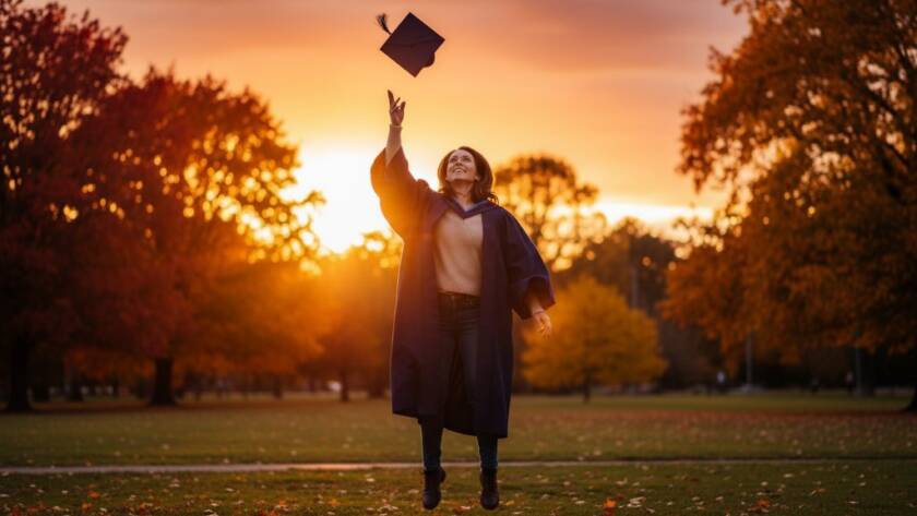 A jubilant graduate in their cap and gown, framed against the vibrant autumn colours of Warrawee Park in Oakleigh East, joyfully tossing their cap into a golden sunset, capturing their precious Oakleigh East graduation photography memories with dramatic backlighting.