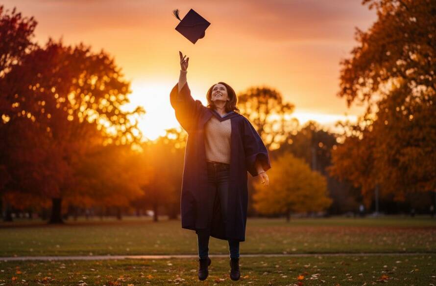 A jubilant graduate in their cap and gown, framed against the vibrant autumn colours of Warrawee Park in Oakleigh East, joyfully tossing their cap into a golden sunset, capturing their precious Oakleigh East graduation photography memories with dramatic backlighting.
