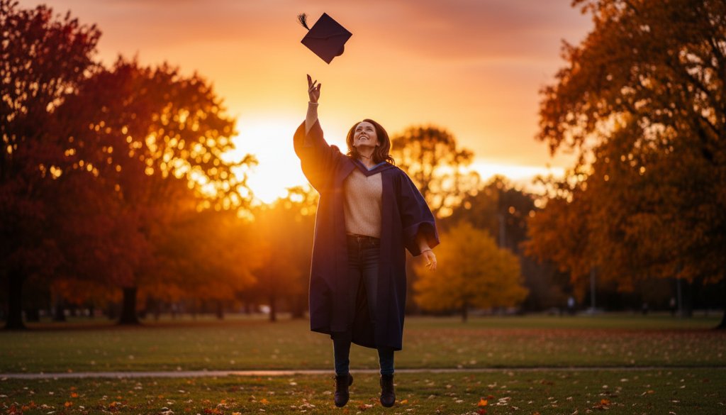 A jubilant graduate in their cap and gown, framed against the vibrant autumn colours of Warrawee Park in Oakleigh East, joyfully tossing their cap into a golden sunset, capturing their precious Oakleigh East graduation photography memories with dramatic backlighting.