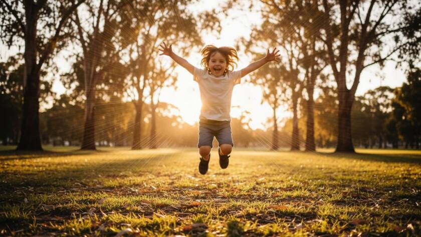 An epic moment of pure Oakleigh East Kids Photo Joy: a child bursts with laughter, running through a sun-drenched park in Oakleigh East, Victoria, surrounded by golden light, captured mid-stride with dynamic energy and vibrant colours.