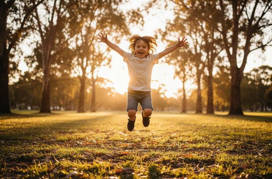 An epic moment of pure Oakleigh East Kids Photo Joy: a child bursts with laughter, running through a sun-drenched park in Oakleigh East, Victoria, surrounded by golden light, captured mid-stride with dynamic energy and vibrant colours.