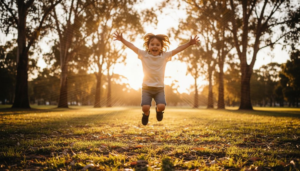 An epic moment of pure Oakleigh East Kids Photo Joy: a child bursts with laughter, running through a sun-drenched park in Oakleigh East, Victoria, surrounded by golden light, captured mid-stride with dynamic energy and vibrant colours.