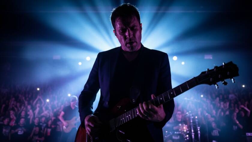 Dynamic close-up of a guitarist mid-solo on stage, bathed in vibrant blue and purple stage lights, capturing the raw energy and Oakleigh East live music photography vibrance with a dramatic, professional aesthetic.