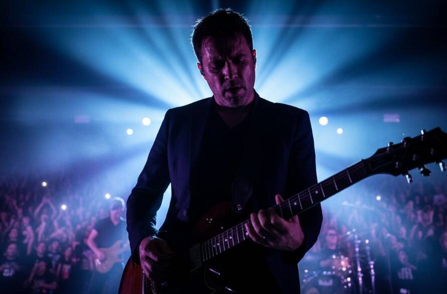 Dynamic close-up of a guitarist mid-solo on stage, bathed in vibrant blue and purple stage lights, capturing the raw energy and Oakleigh East live music photography vibrance with a dramatic, professional aesthetic.