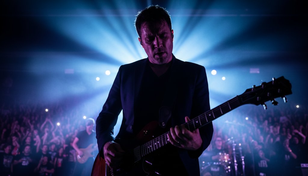 Dynamic close-up of a guitarist mid-solo on stage, bathed in vibrant blue and purple stage lights, capturing the raw energy and Oakleigh East live music photography vibrance with a dramatic, professional aesthetic.