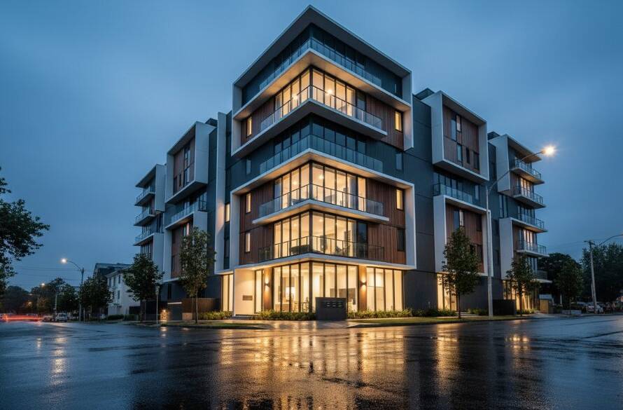Dramatic sunset light bathes a contemporary building in Oakleigh East, highlighting its geometric facade, expertly captured in an Oakleigh East Modern Architectural Photography style photo.