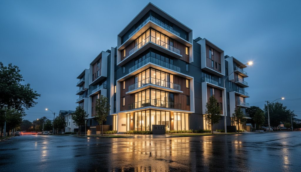 Dramatic sunset light bathes a contemporary building in Oakleigh East, highlighting its geometric facade, expertly captured in an Oakleigh East Modern Architectural Photography style photo.