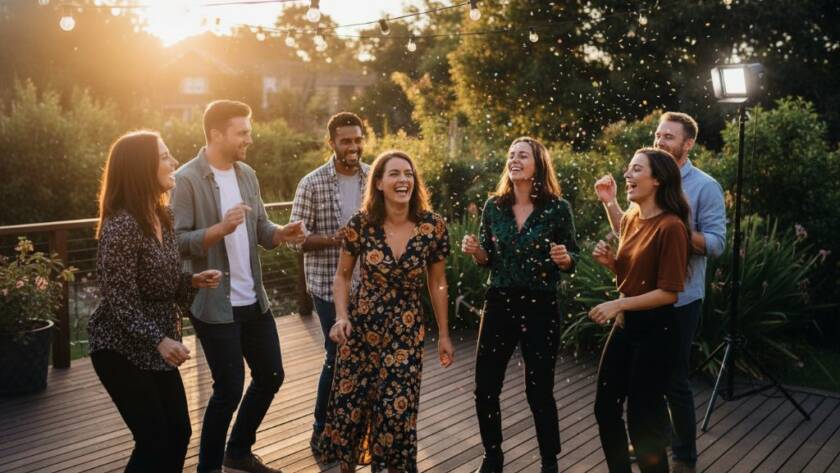 A group of friends laughing and high-fiving in a beautifully lit backyard during an Oakleigh East party, embodying joyful moments captured by a professional photographer.