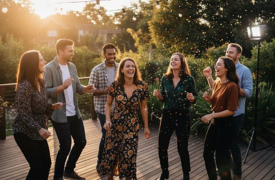 A group of friends laughing and high-fiving in a beautifully lit backyard during an Oakleigh East party, embodying joyful moments captured by a professional photographer.