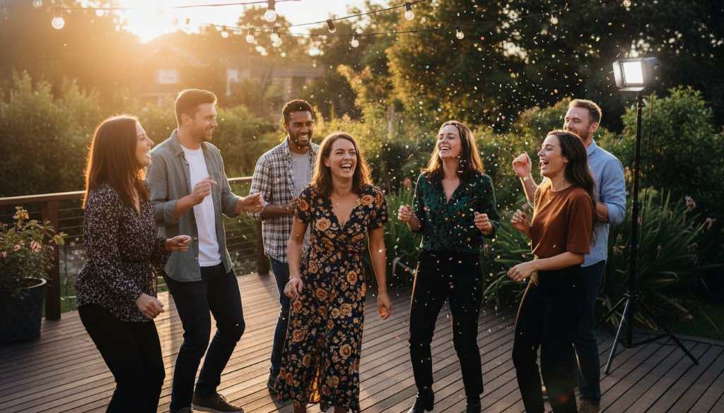A group of friends laughing and high-fiving in a beautifully lit backyard during an Oakleigh East party, embodying joyful moments captured by a professional photographer.