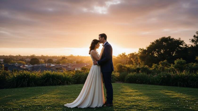 An epic moment captured in Oakleigh East pre-wedding photography, featuring a couple in a loving embrace during golden hour in a lush local park, with dramatic backlighting and professional colour grading.